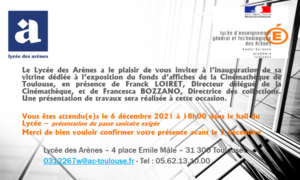 Invitation à l'inauguration de la vitrine des affiches de la Cinémathèque au Lycée des Arènes