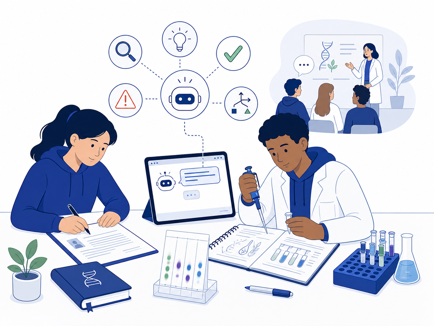 Illustration d’élèves de STL-Biotechnologies travaillant avec une assistance IA, un ordinateur et du matériel de laboratoire.