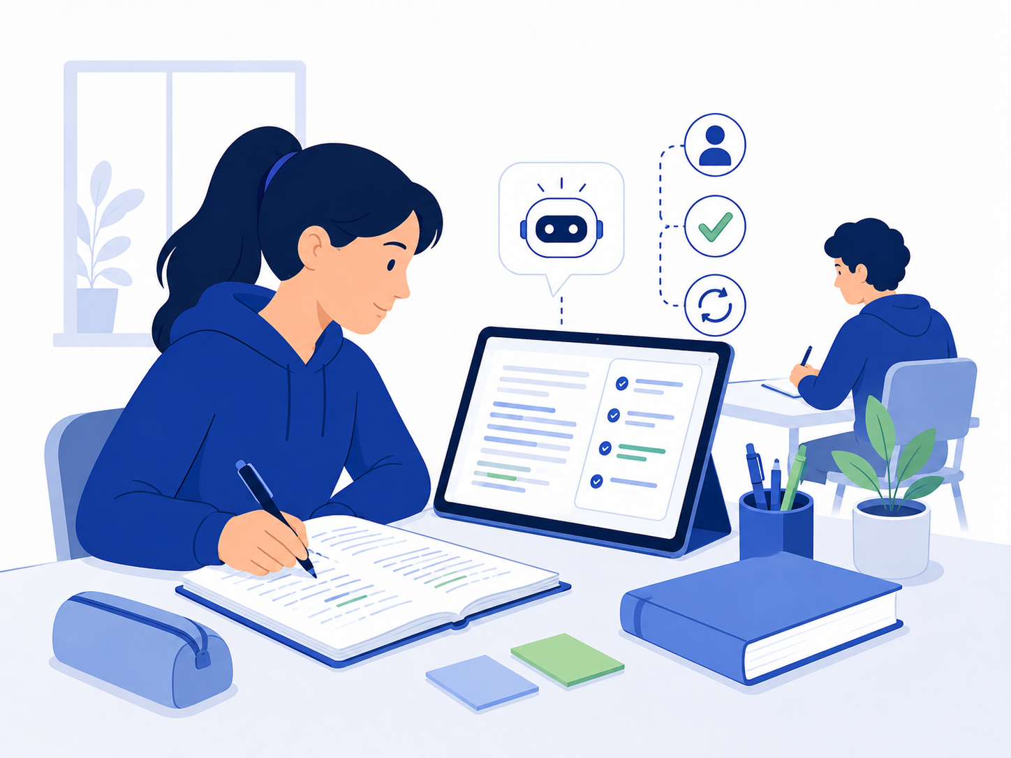 Illustration d’élèves de STL-Biotechnologies travaillant avec une assistance IA, un ordinateur et du matériel de laboratoire.
