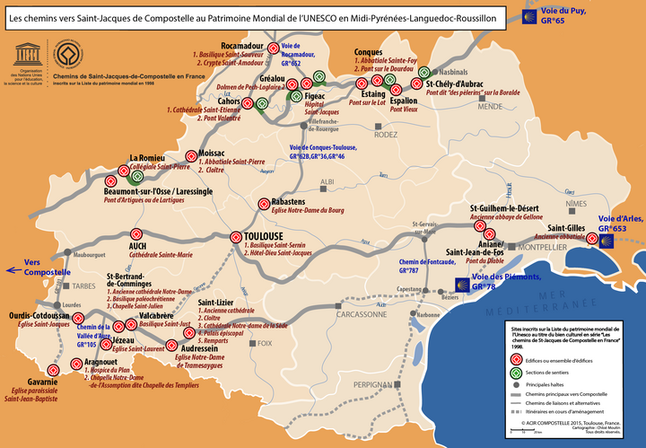 Carte chemins de Compostelle en Occitanie