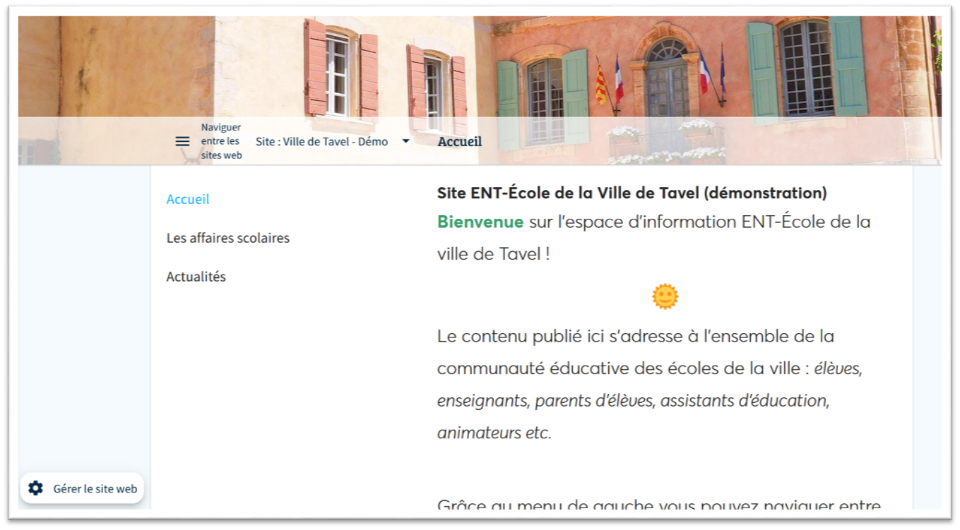 Capture écran d'un site web dans l'espace municipal de l'ENT-École