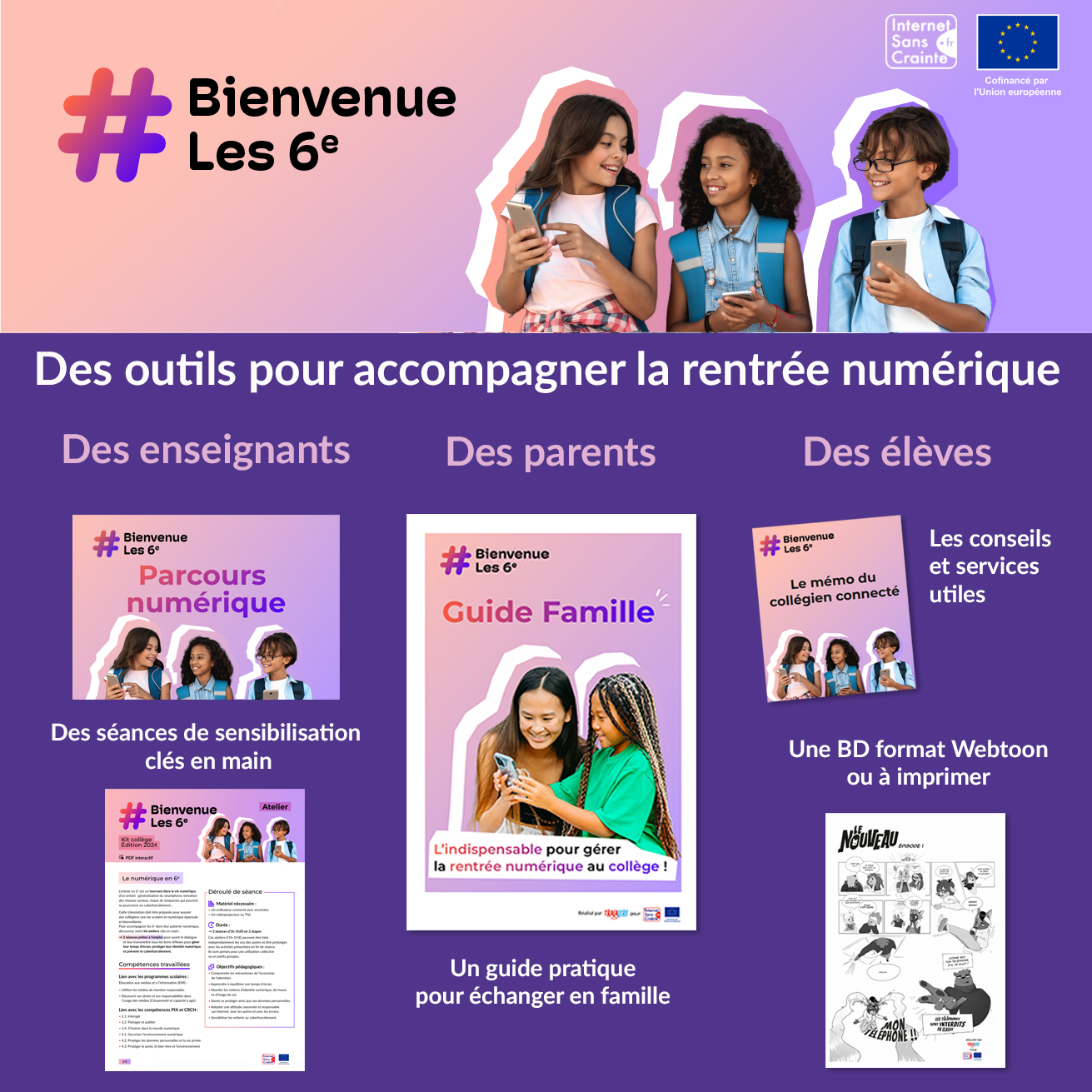 bienvenue les 6ème flyer récapitulatif sur les ressources disponibles pour les enseignants, les parents et les élèves