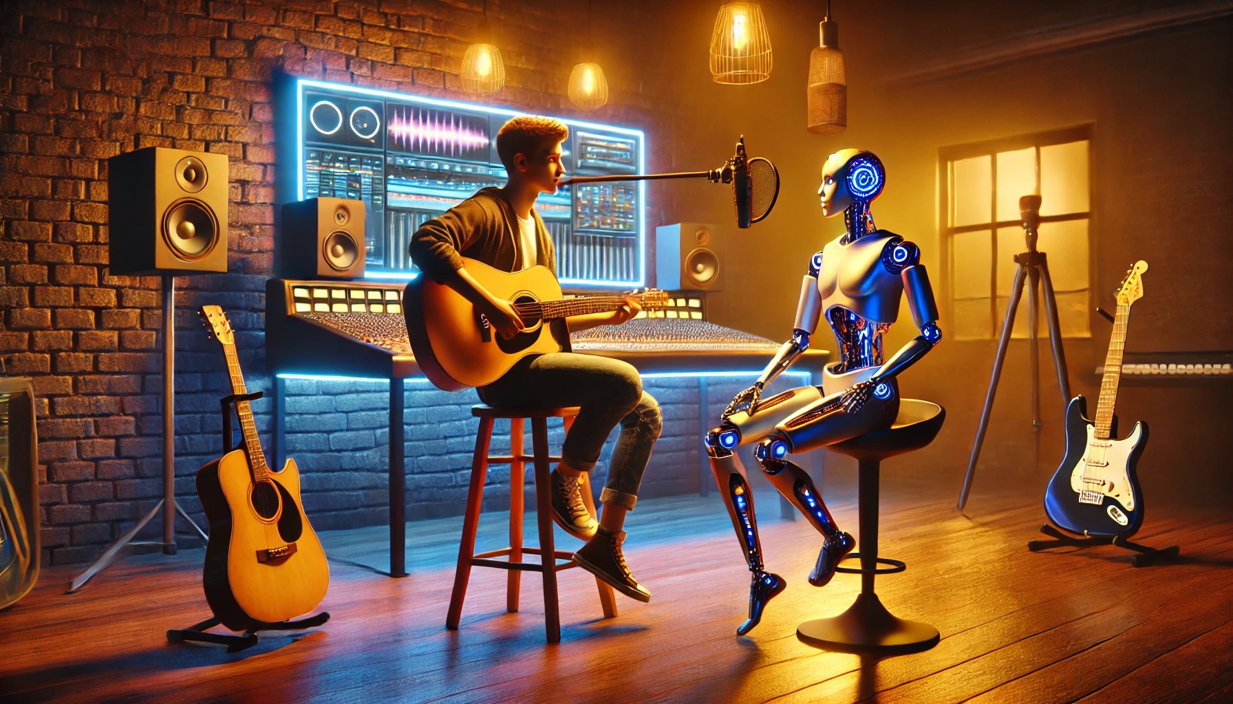 A warm, futuristic music studio where a young musician and a humanoid robot collaborate on a song. The musician, casually dressed, plays an acoustic g