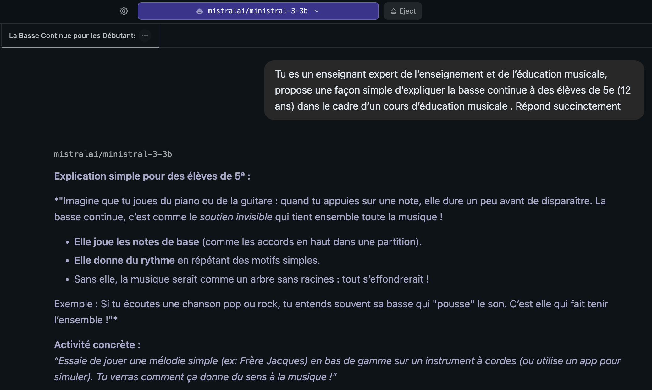 reponse mistral via IA locale