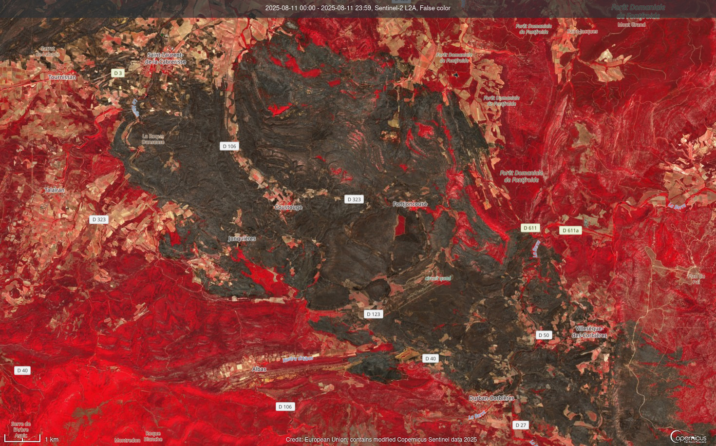 Incendie Aude image Sentinel en fausses couleurs