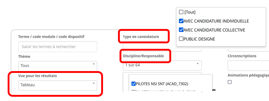 Filtres à sélectionner : Vue tableau / Type de candidatures : Individuelle ou collective / Disciplines : Pilotes NSI