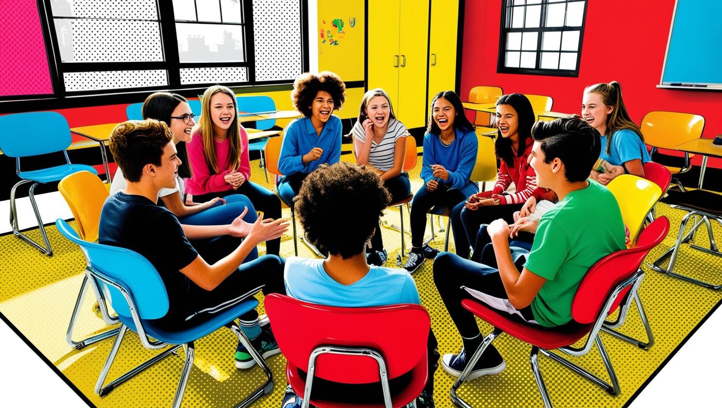 adolescents en train de discuter, assis en cercle sur des chaises dans une salle de classe