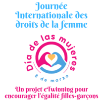 Logo de la journée internationale des droits de la femme du projet eTwinning pour encourager l'égalité filles-garçons. Deux mains, une rose et l'autre bleue qui forme un coeur. Un autre petit coeur jaune se trouve à l'intérieur. 