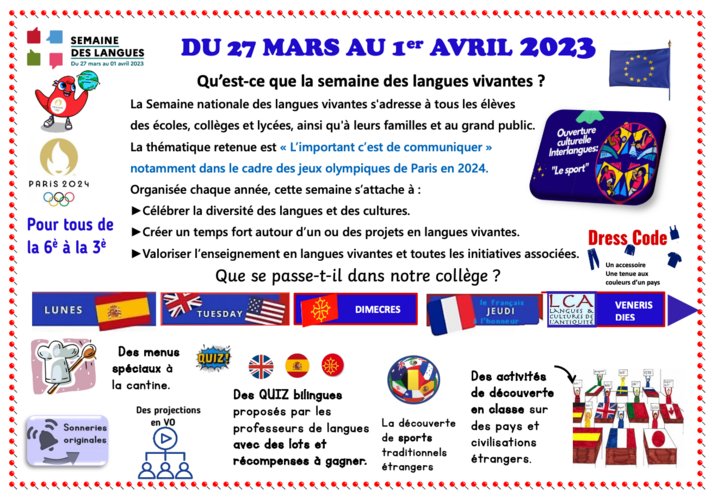 Poster de promotion de la semaine des langues du collège J. Monnet de Lacapelle Marival dans le Lot