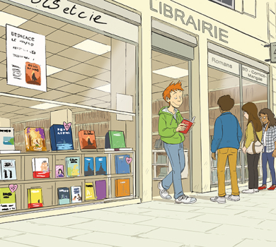 dessin d'étudiants devant une librairie