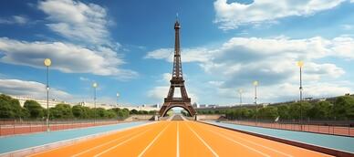 Un montage représentant la tour Eiffel au bout d'une piste d'athlétisme