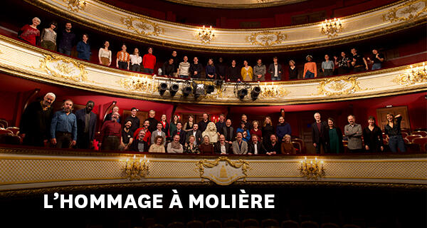 Photo de la salle de la Comédie Française et texte "l'hommage à Molière"
