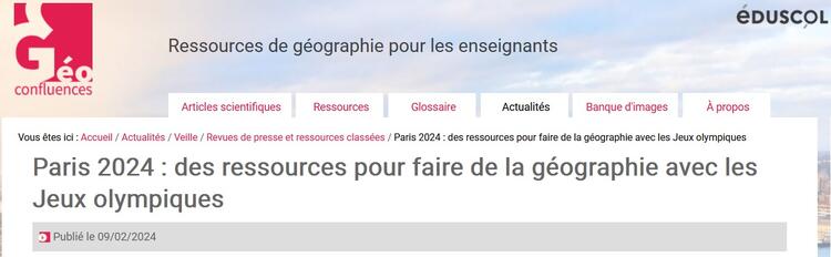Capture d'écran du bandeau de l'article Paris 2024: des ressources pour faire de la géographie avec les jeux olympiques