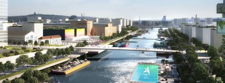 Projection des aménagements sur la Seine du village des athlètes à Paris en 2024, capture d'écran du site Réseau Canopé consulté le 1er mai 2024