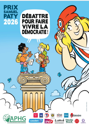 Affiche représentant des enfants et l'allégorie de la République à l'écoute