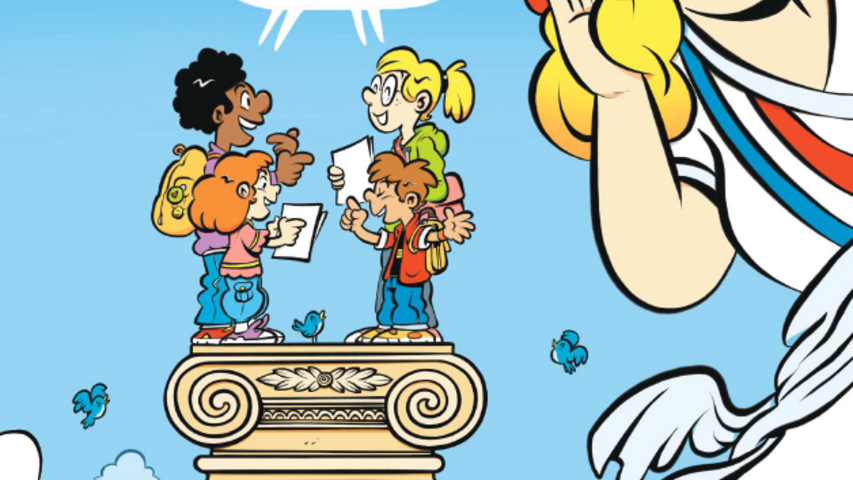 Affiche représentant des enfants et l'allégorie de la République à l'écoute