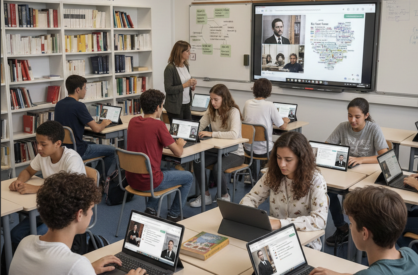 Une salle de classe avec des élèves qui travaillent sur tablettes, un écran central et 2 tableaux blancs, un professeur et une bibliothèque - Image générée par IA