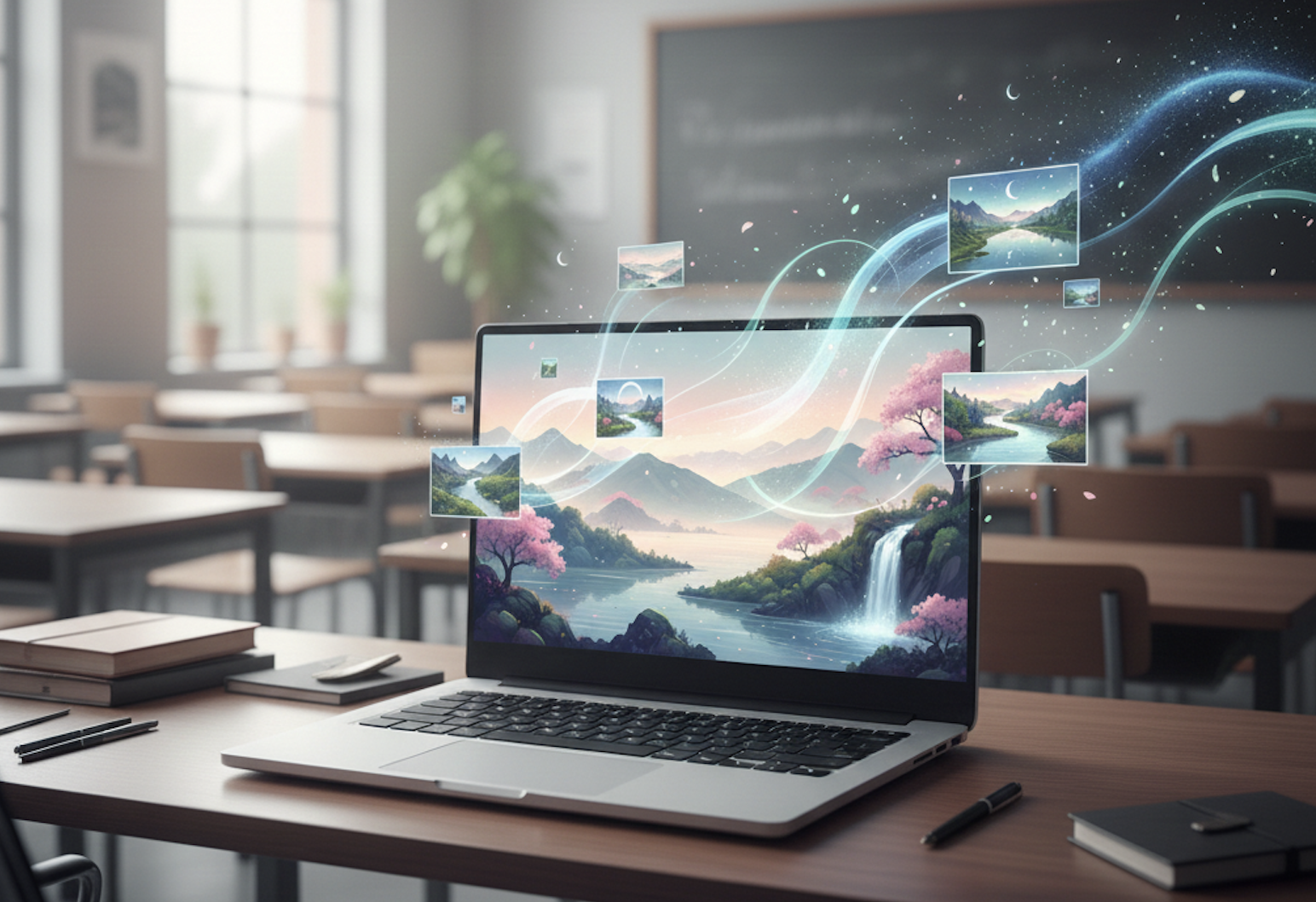 un ordinateur portable dans une salle de classe d'où s'échappent des images de paysages