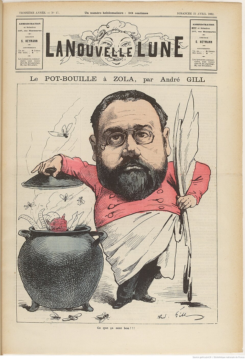 caricature de Zola en Pot-Bouille par André Gille, dans la Une de La Nouvelle Lune le 23 avril 1882