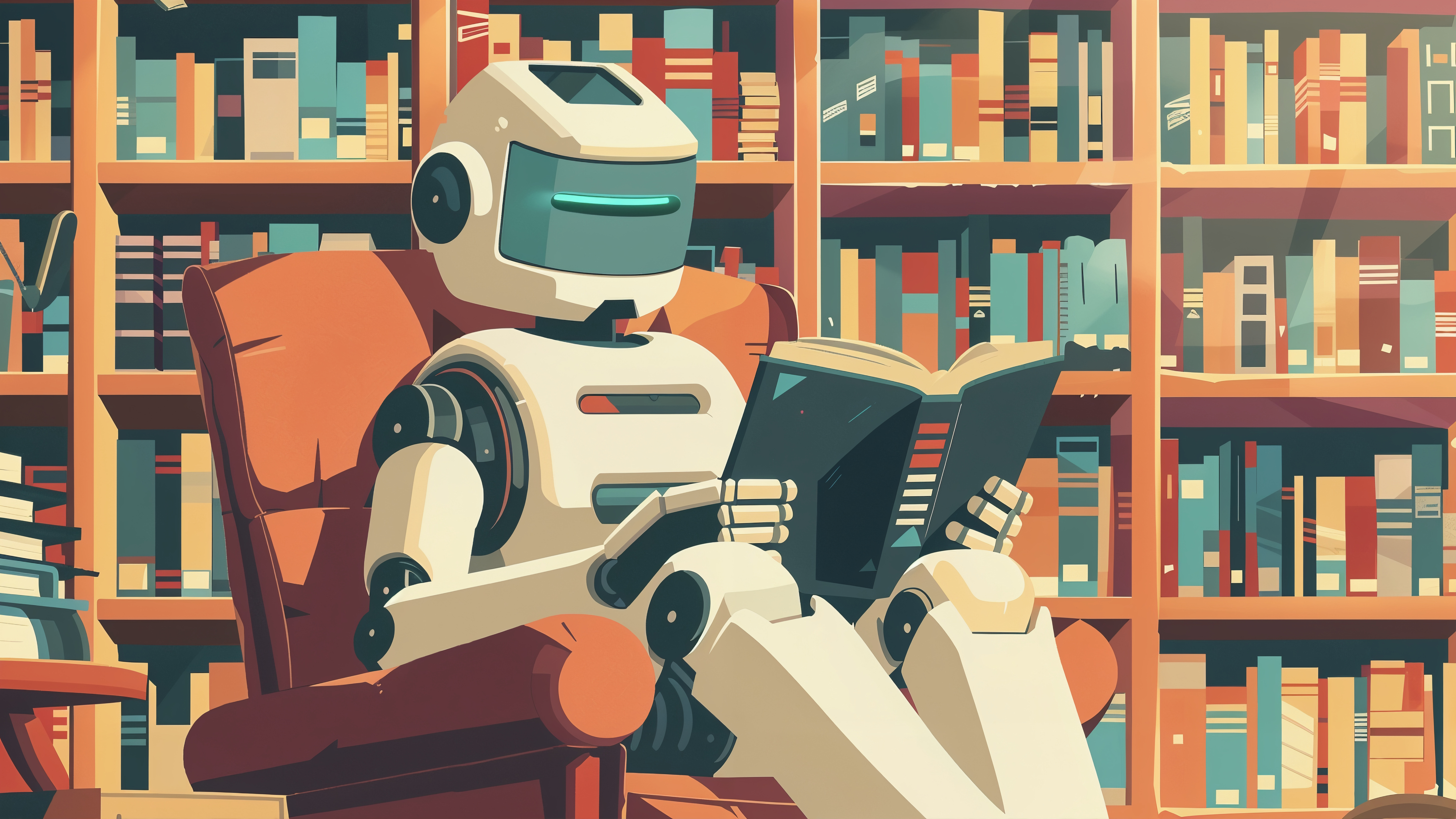image façon dessin animé d'un robot assis dans une bibliothèque en train de lire. Image Freepick.