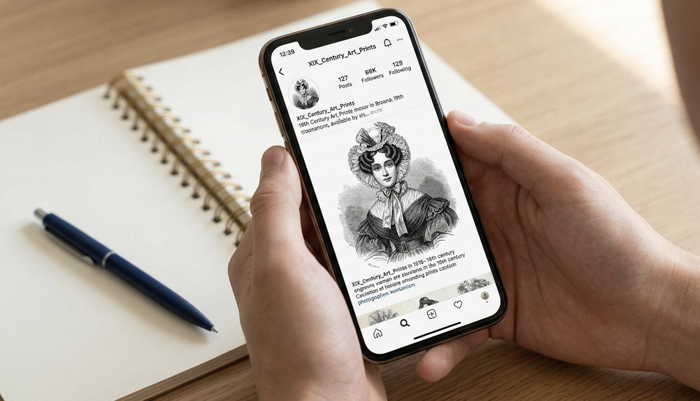 des mains jeunes tiennent un téléphone sur lequel on peut voir une page instagram qui montre une gravure du XIX° siècle représentant une femme. À l'arrière-plan, le plateau d'un bureau avec un cahier et un stylo