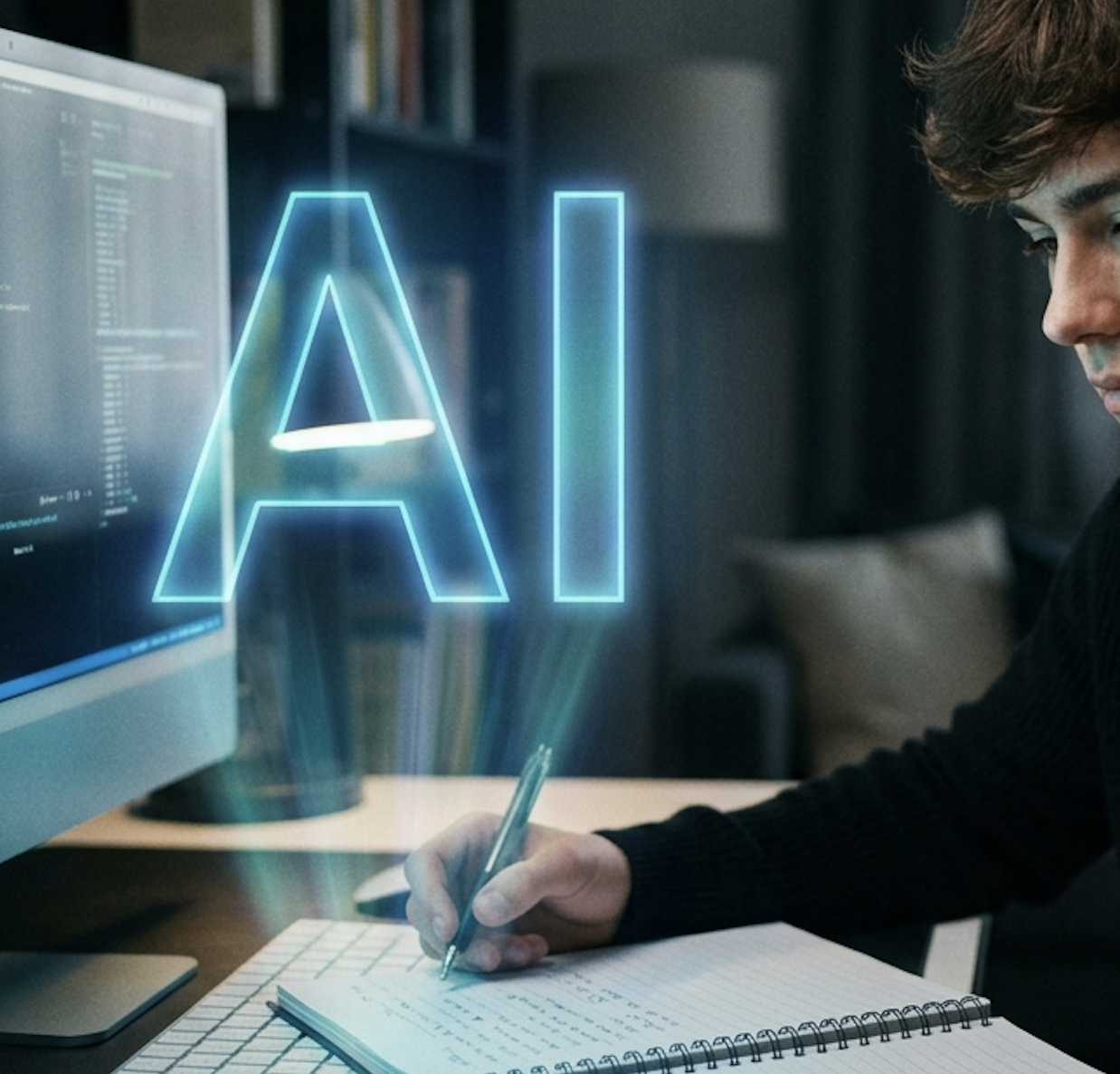 un élève en train d'écrire en face d'un ordinateur avec un hologramme AI