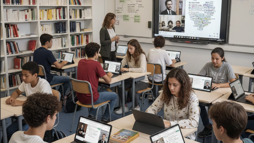 Une salle de classe avec des élèves qui travaillent sur tablettes, un écran central et 2 tableaux blancs, un professeur et une bibliothèque - Image générée par IA