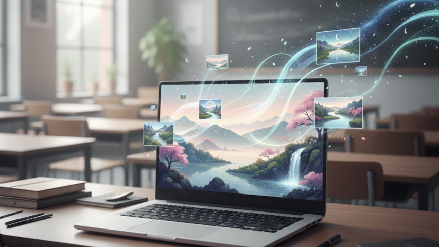 un ordinateur portable dans une salle de classe d'où s'échappent des images de paysages