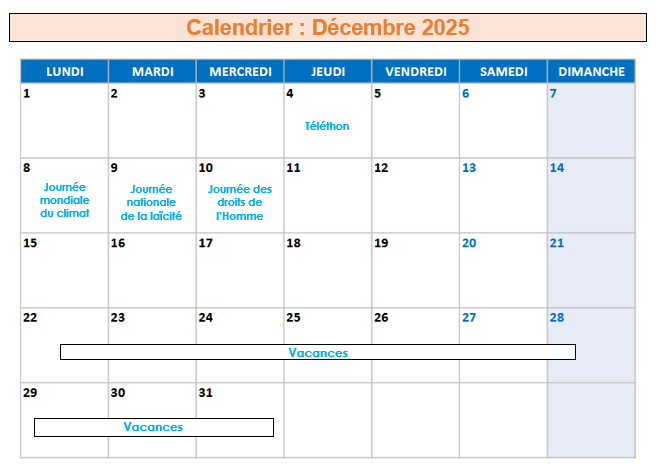 calendrier décembre