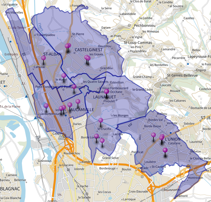 Carte des écoles de la circonscription de Castelginest