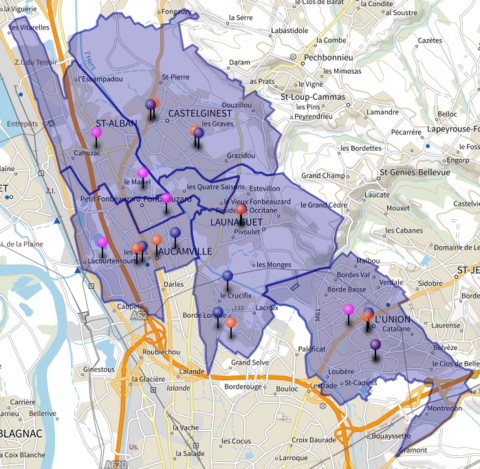 Carte des écoles de la circonscription de Castelginest