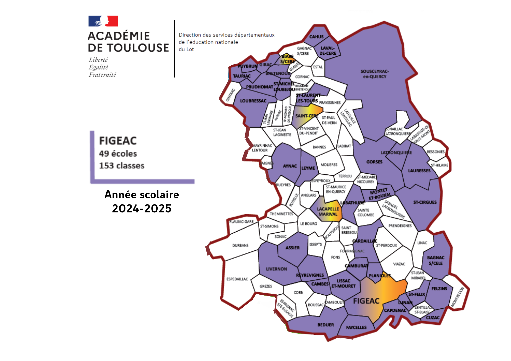 Carte des écoles de la circonscription de Figeac 24-25