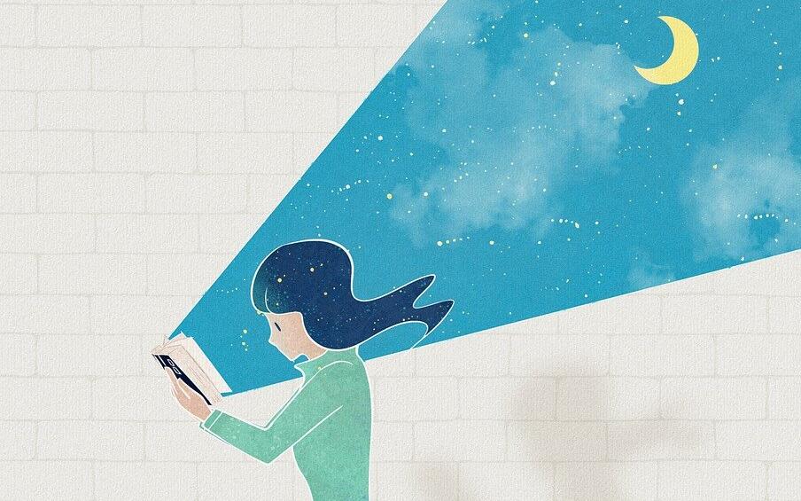 Illustration d'une fille en train de lire. Un ciel bleu jaillit du livre.