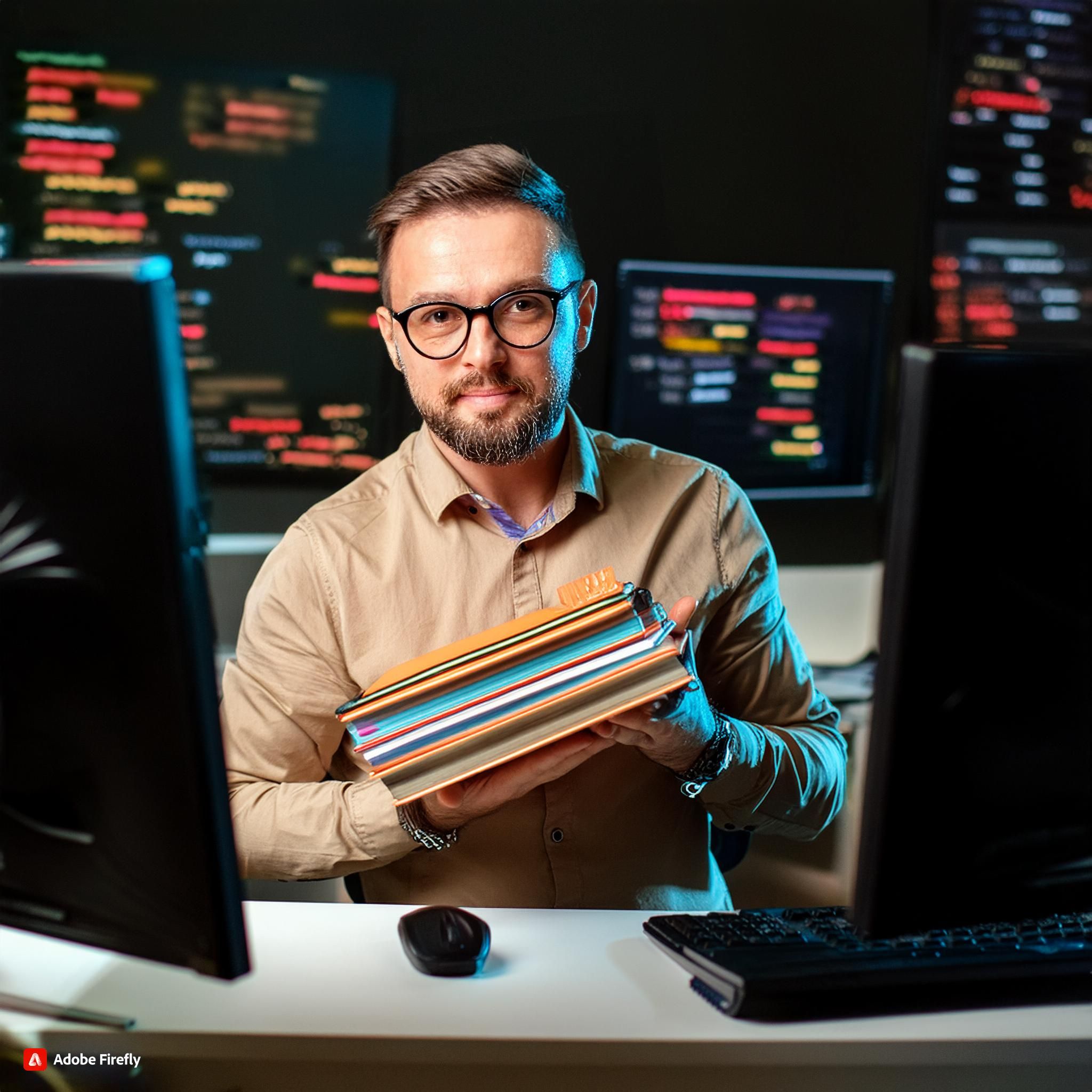 Enseignant avec textes officiels dans la main, un ordinateur devant lui