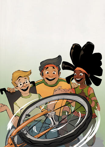 les 3 héros sont autour d'une roue de vélo